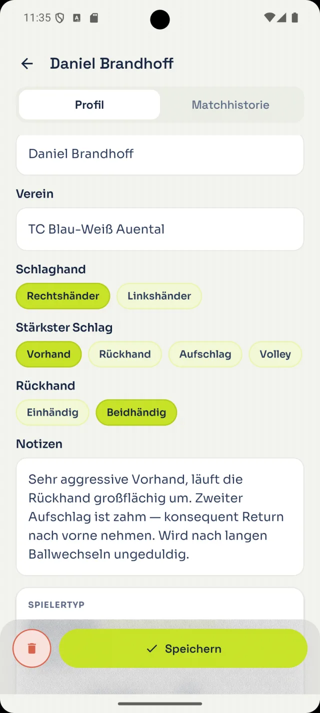Gegner-Profil mit Schlaghand, stärkstem Schlag, Rückhand und Notizen