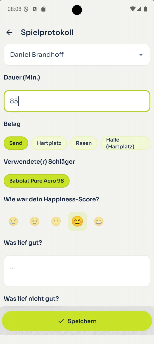 Eintragsformular für ein Match mit Dauer, Belag, Schläger und Happiness-Score