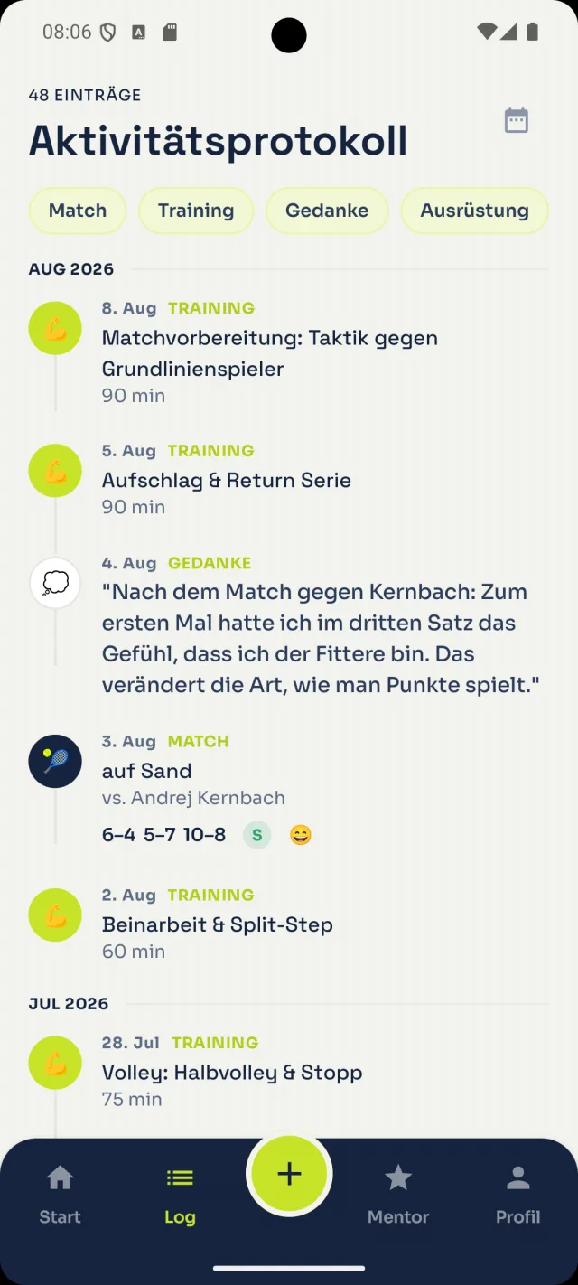 Aktivitätsprotokoll: Matches, Trainings und Gedanken in einer Timeline