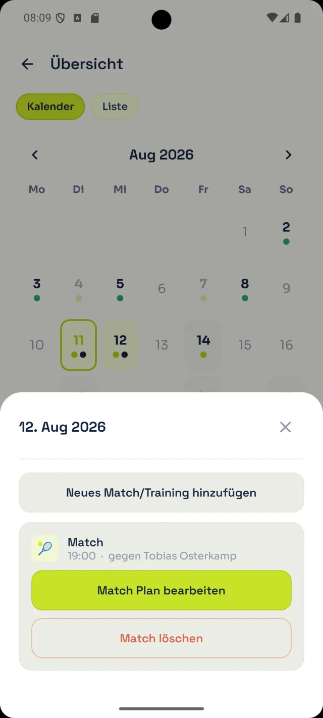 Terminübersicht mit Kalender und geplanten Trainings